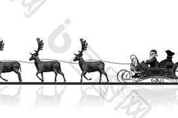 圣诞全景图-圣诞老人、雪橇、驯鹿、树木-黑白-倒影