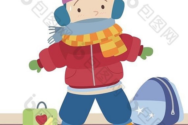 男孩出汗冬天衣服冬天衣服羊毛他围巾雪夹克裤子雪靴子学校背包
