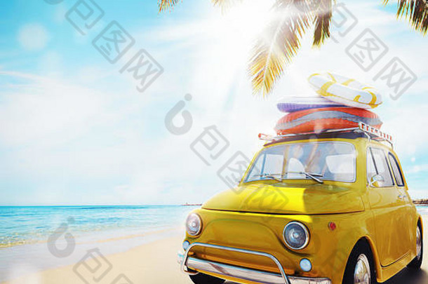 在海滩上开一辆旧车开始暑假。三维渲染
