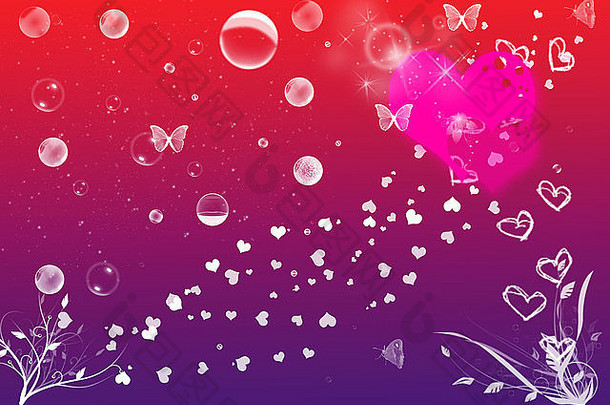 红色和紫色阴影背景，两颗心形装饰元素（蝴蝶、气泡、心形和花朵）