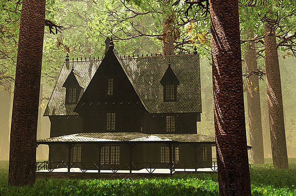 森林深处的房子童话场景3D渲染