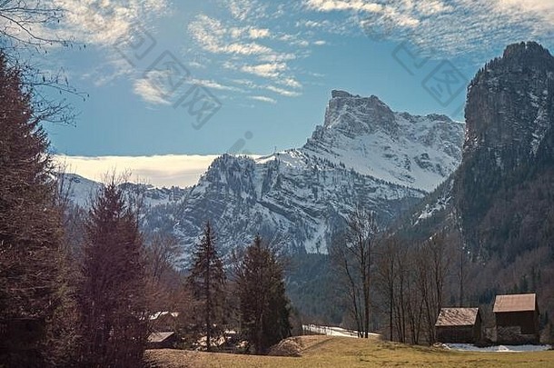 美丽的高山景观法国阿尔卑斯山脉雪封顶山站回来树排谷风景如画的山村