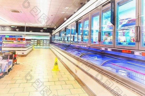 超市内部货架上的彩绘看起来像一幅画