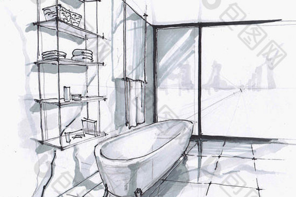 手工制作的草图豪华的现代浴室大浴风格架子上化妆品毛巾大落地窗口