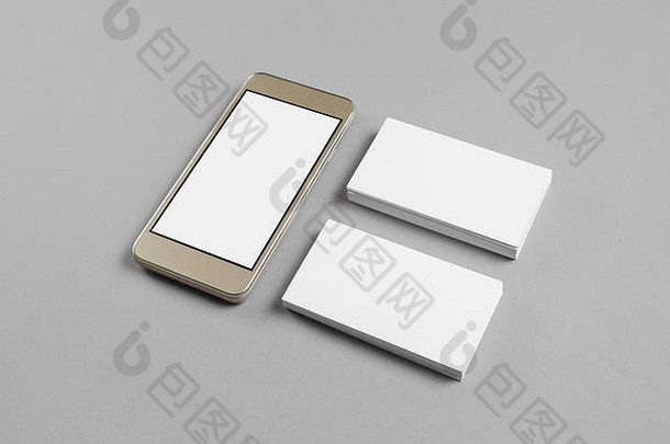 智能手机空白屏幕桩业务卡片灰色的纸背景