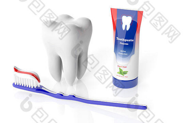 磨牙，牙刷和牙膏隔离在白色表面