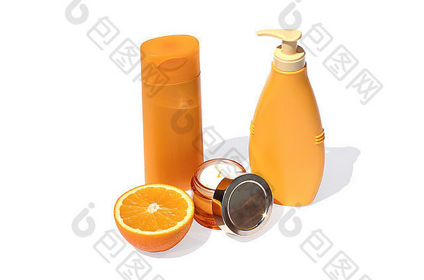橙色面霜，一半橙色，几瓶乳液和沐浴露在背景中