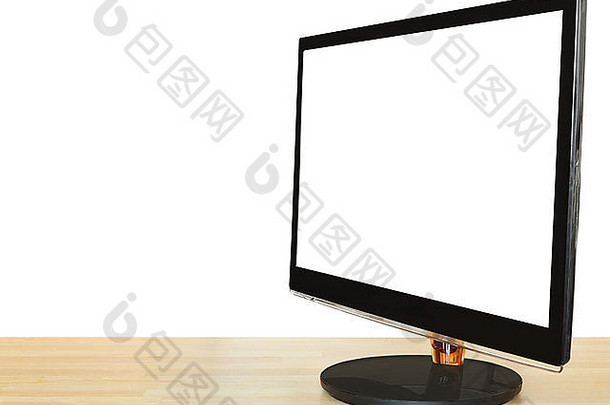 一边视图电脑黑色的宽屏显示减少屏幕木表格孤立的白色背景