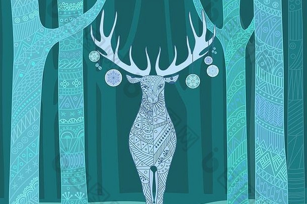 圣诞节鹿快乐圣诞节快乐一年卡鹿森林美丽的装饰颜色行模式驯鹿树