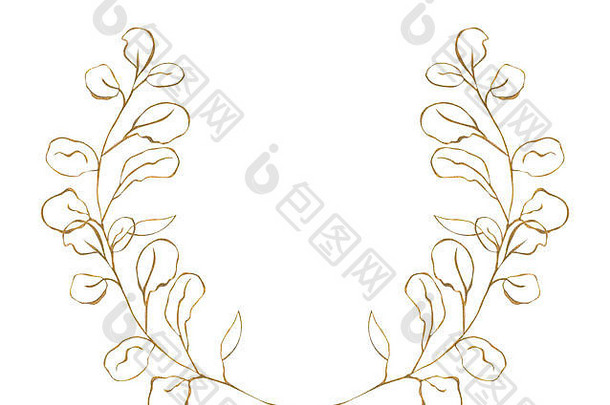 插图水彩画金轮廓植物叶子白色孤立的背景形式花半圆