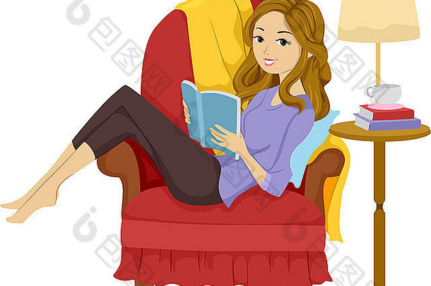插图女孩阅读书倾斜的椅子