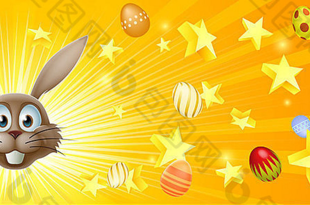 复活节兔子鸡蛋横幅背景复活节小兔子脸中心鸡蛋星星