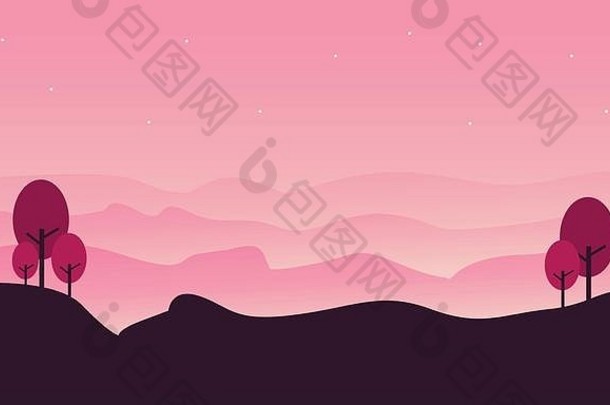 轮廓山景观粉红色的背景