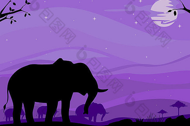 背景插图展示了热带草原上大象的轮廓