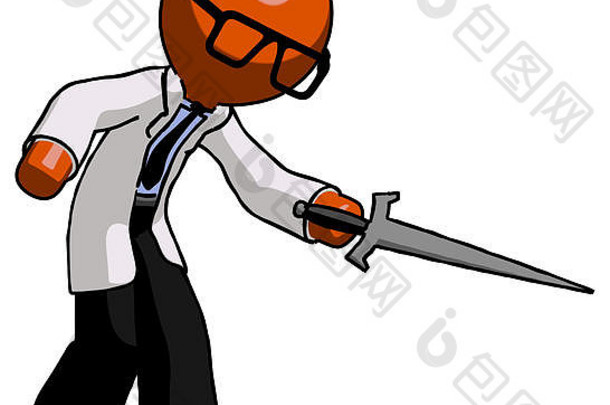 橙色医生科学家男子剑式刺伤或戳戳。