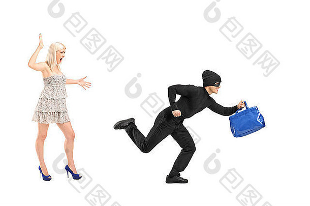 紧张女人尖叫小偷偷来的钱包袋孤立的白色背景