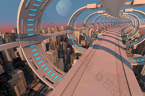 渲染摘要未来主义的桥现代城市