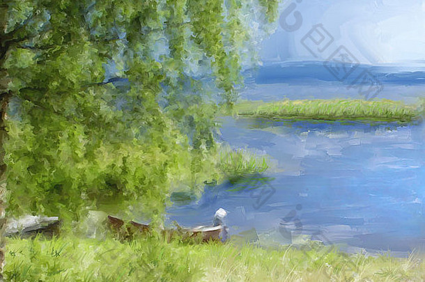 绘画芬兰湖边视图夏天