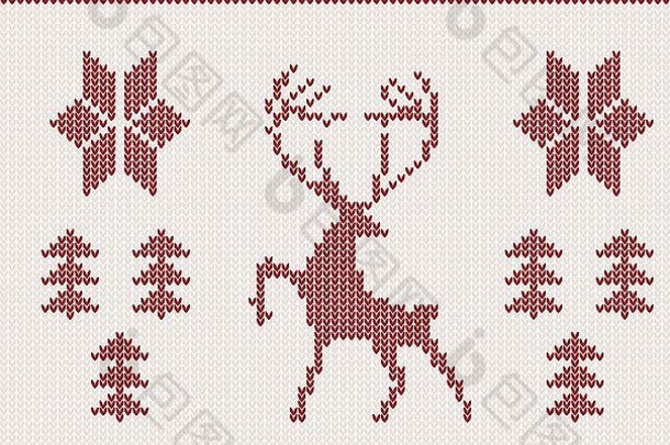 圣诞节针织背景鹿树点缀