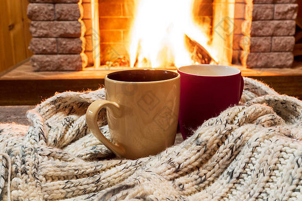 杯热茶咖啡舒适的温暖的围巾壁炉国家房子冬天假期水平