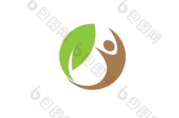 健康的人类自然叶圆标志设计插图白色背景