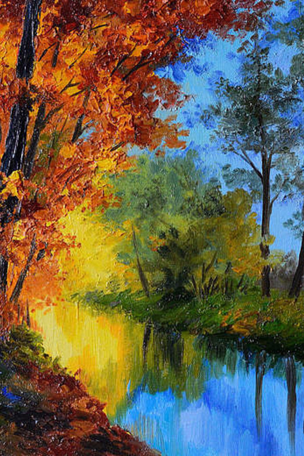 石油绘画秋天森林河桥河明亮的红色的叶子森林