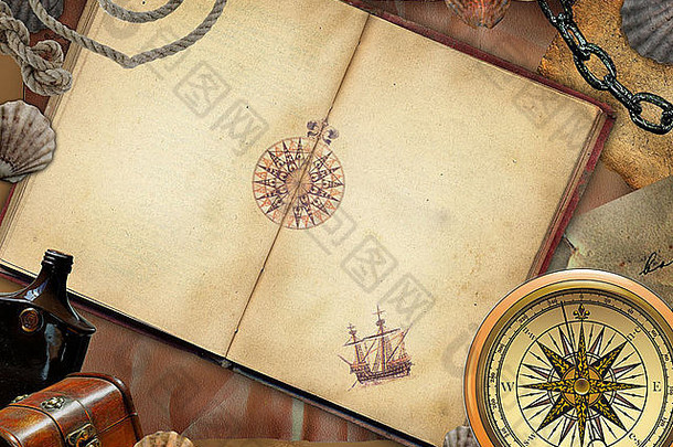 复古的指南针纸背景海盗珍宝