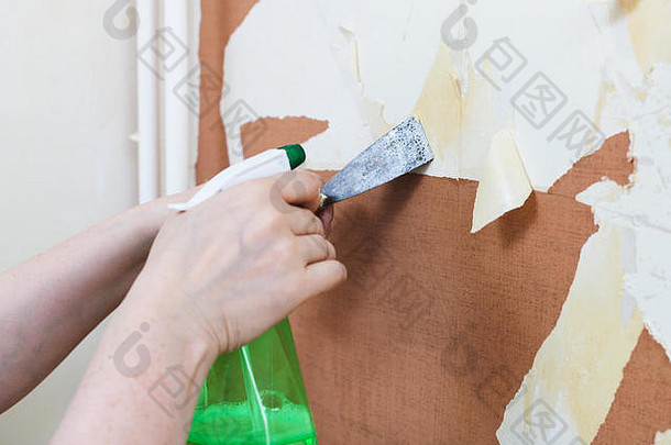 改造公寓贴壁纸准备墙删除壁纸墙化学液体汽提塔
