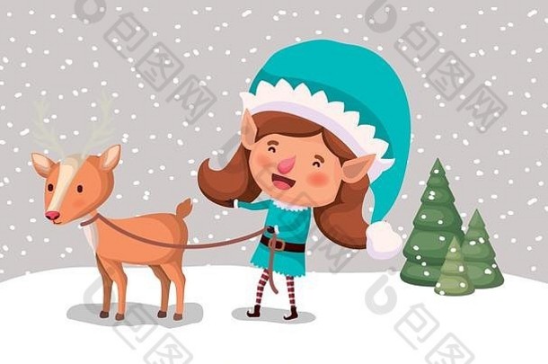 可爱的女孩圣诞老人助手驯鹿雪景