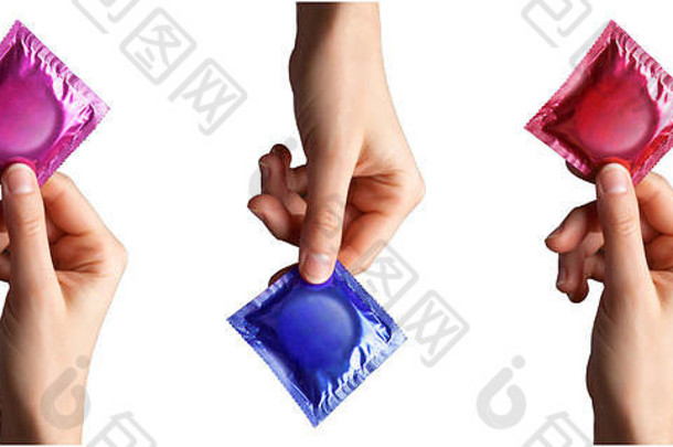 集彩色的避孕套女手