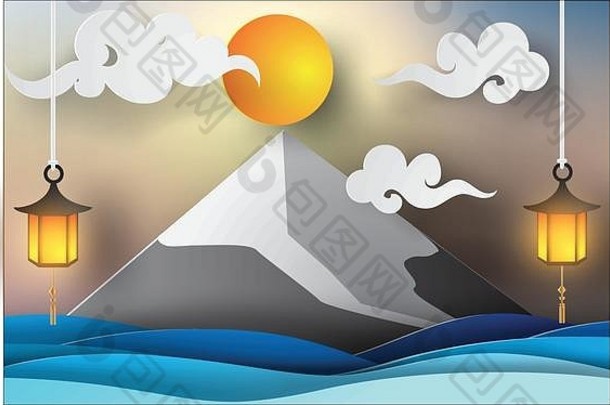 纸艺术富士山海视图Lanscape日本风格