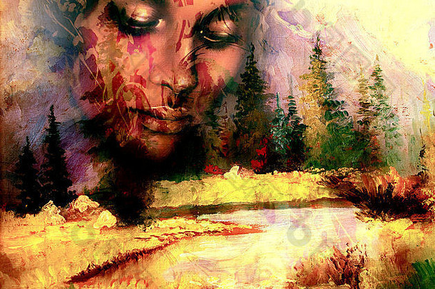 女神女人观赏脸景观山湖树颜色摘要背景冥想关闭