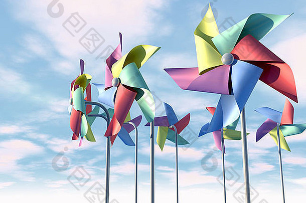 常规的玩具纸风车风车不同的彩色的叶片棒蓝色的天空云背景