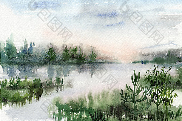 有雾的日落湖松树岛屿湿空气的角度来看原始水彩绘画