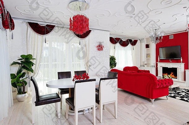 经典生活房间室内白色红色的颜色晚餐表格壁炉