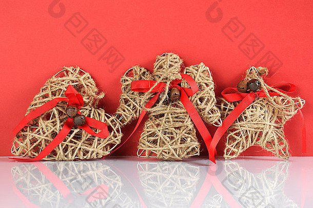 节日红色的白色主题圣诞节古董自然绳子心天使明星装饰