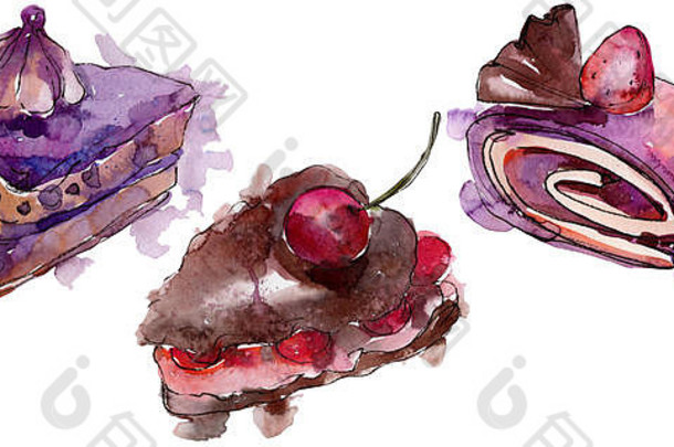 美味的蛋糕水果水彩风格孤立的水瓶座甜蜜的甜点背景插图集