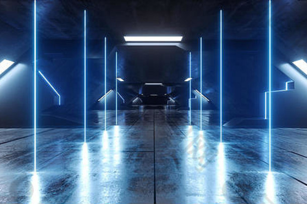 水泥sci未来主义的混凝土霓虹灯激光领导充满活力的发光的蓝色的虚拟现实外星人船空间复古的大厅走廊隧道难看的东西反射