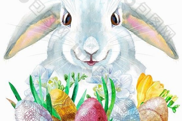 水彩插图米色兔子鸡蛋草