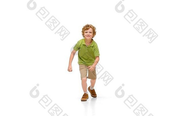 快乐孩子情感高加索人男孩跳运行孤立的白色背景快乐快乐的真诚的Copyspace童年教育幸福概念
