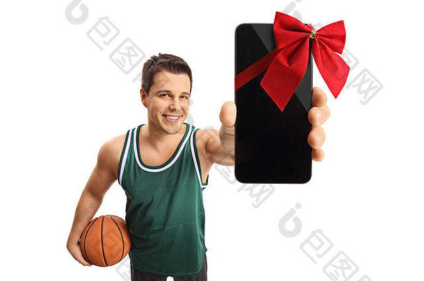 篮球球员显示电话包装红色的丝带礼物孤立的白色背景