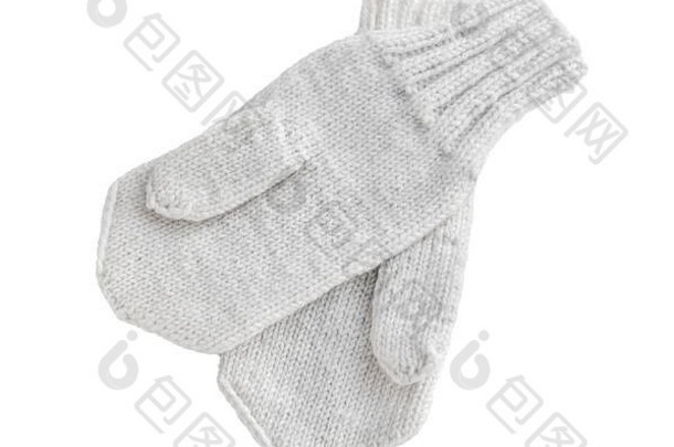 连指手套手套孤立的白色背景温暖的羊毛针织白色手套手套冬天手套