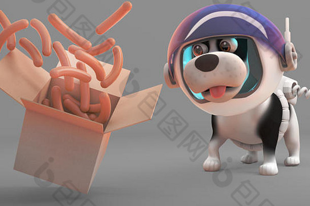 饿了小狗狗宇航服手表香肠浮动盒子插图渲染