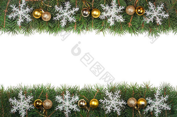 圣诞节框架使冷杉分支机构装饰球雪花孤立的白色背景