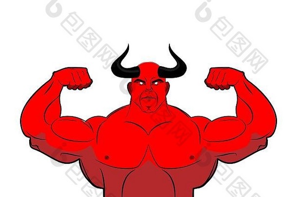 强大的恶魔角强大的红色的魔鬼撒旦健美运动员