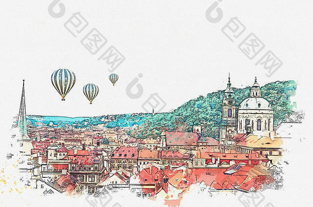 插图水彩草图传统的体系结构布拉格捷克共和国欧洲体系结构热空气气球飞行天空