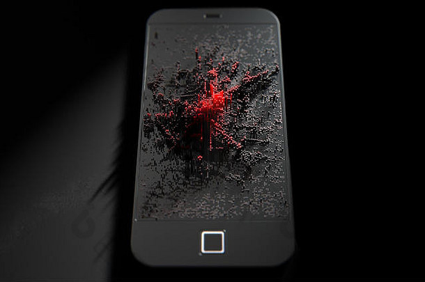 渲染现代通用的聪明的电话屏幕发出小红色的像素随机