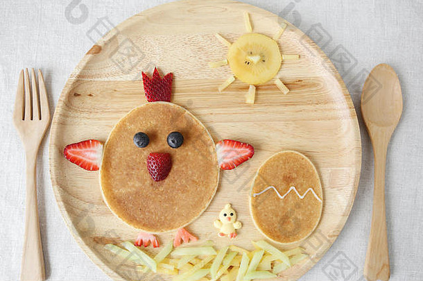 复活节公鸡小鸡煎饼早餐有趣的食物艺术孩子们