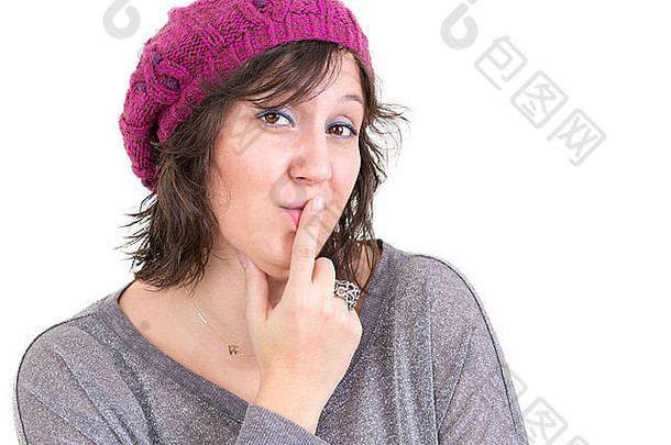 不信任持怀疑态度女人疑虑相机深思熟虑的评估手指嘴唇