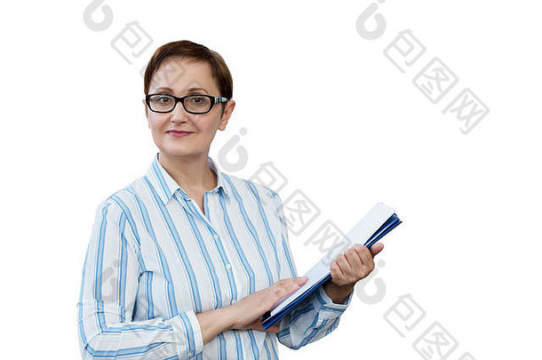 业务女人持有文书工作孤立的白色背景